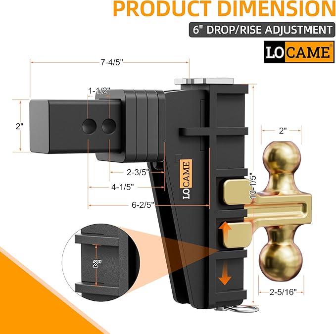 LOCAME Adjustable Trailer Hitch, Fits 2-Inch Receiver, 6-Inch Drop/Rise Drop Hitch, 25,000 LBS GTW-Tow Hitch for Heavy Duty Truck, Solid Ball Mount, LC0076