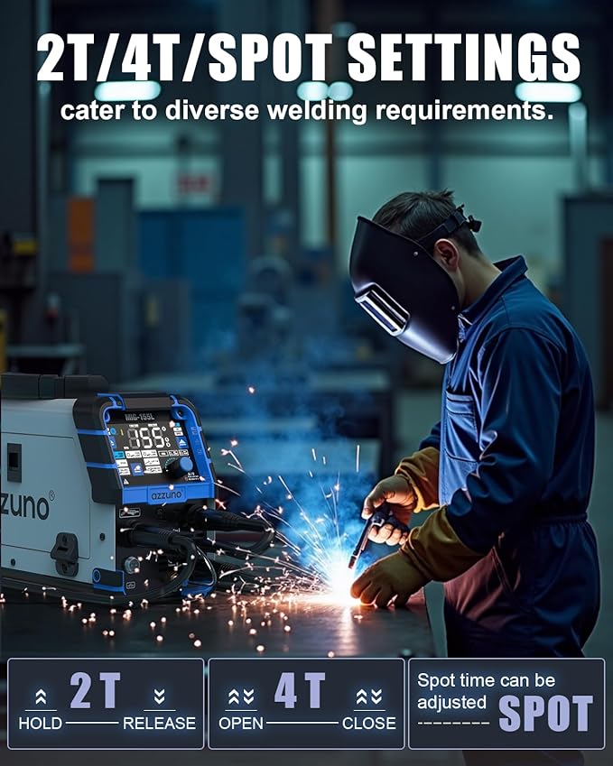 AZZUNO Aluminum MIG Welder 155A, 110V/220V Dual Vlotage 5 in 1 Gas MAG/Aluminum MIG/Gasless Flux Core MIG Welder/Stick/Lift TIG Welding Machine, Multiprocess Wire Feed Welder Machine