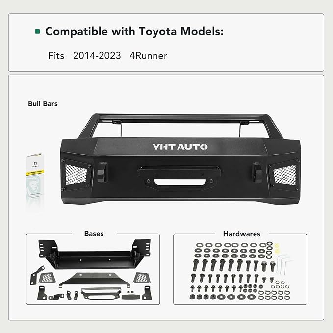 YHTAUTO Bull Bar Push Bar with Skid Plate Light Mount Fit Toyota 4Runner 2014-2024, Heavy Duty Steel Brush Guard for Truck Front Bumper w/Winch Frame Textured Black Off Road Accessories