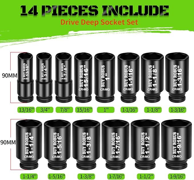3/4 inch Drive Impact Socket Set, 14 Piece Heavy Duty CR-MO Deep and Jumbo Sockets 6 Point Design, SAE 3/4" to 1-9/16", for Large Vehicle and Apparatus Maintenance