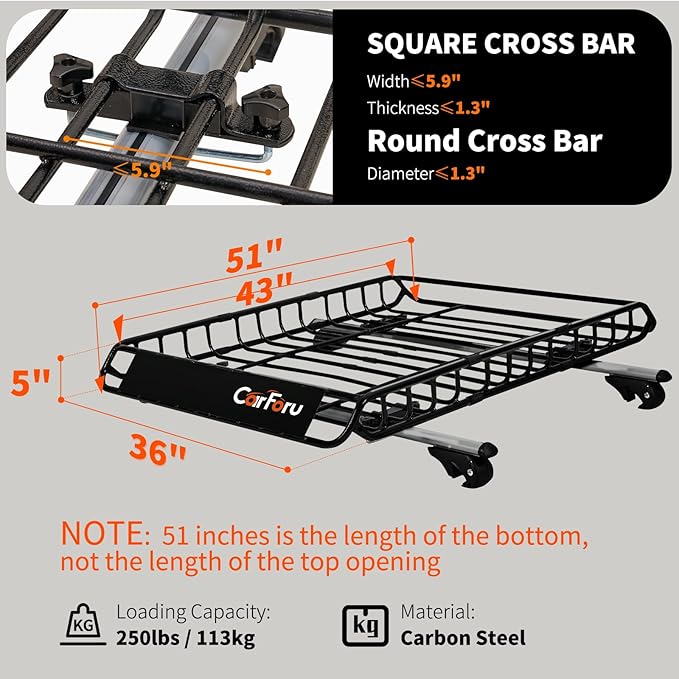Roof Rack Basket 51″ X 36″ X 5″ Universal Rooftop Cargo Basket, 250LB Heavy Duty Cargo Basket Car Roof Basket for SUV, Truck, Cargo Net with Attachment Hooks, 2pcs Ratchet Straps