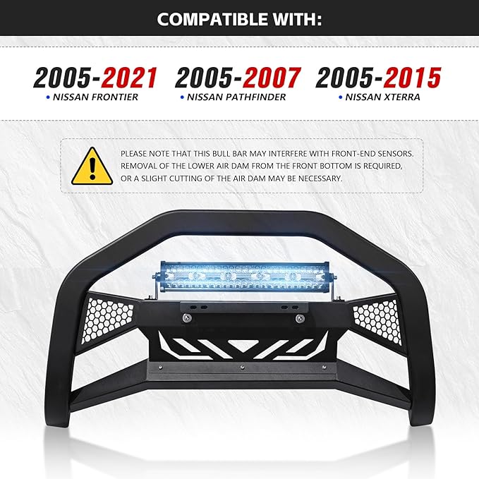Bull Bar with Light Bar & License Plate Frame Compatible for 2005-2021 Nissan Frontier Front Guard Grille, Truck Brush Guard,Bumper Push Bar (Include Skid Plate & Light Mount, Black)