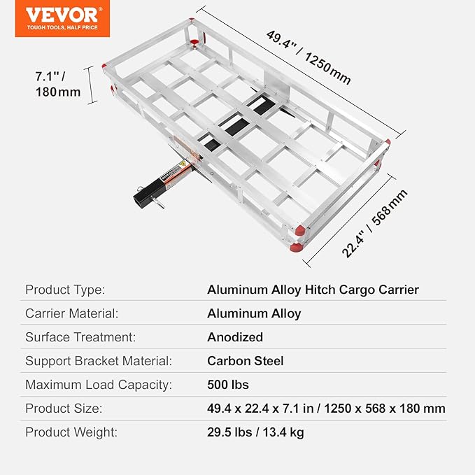 VEVOR 49.4 x 22.4 x 7.1 in Hitch Cargo Carrier, 500lb Capacity Trailer Hitch Mount Aluminum Cargo Basket, Luggage Carrier Rack Fits 2" Hitch Receiver for SUV Truck Pickup Camping