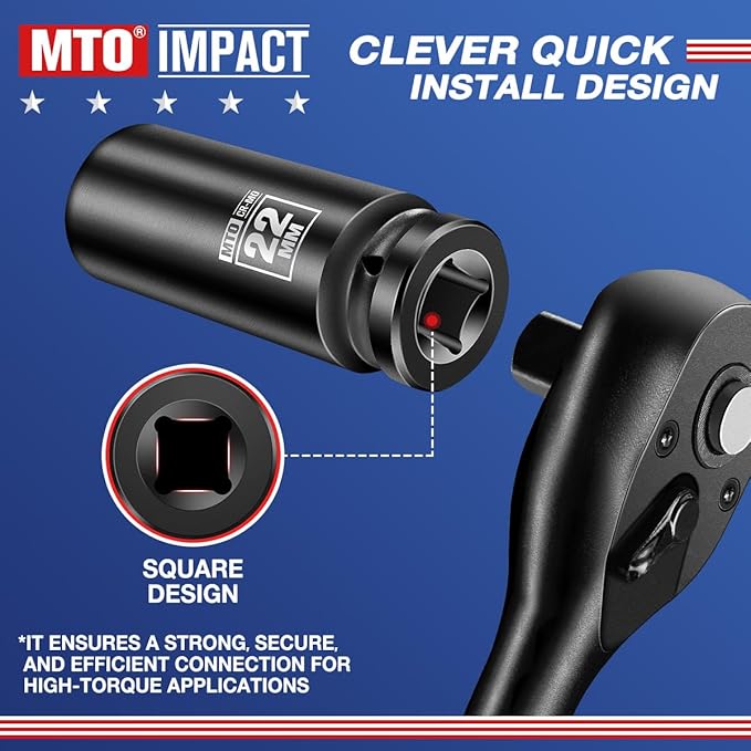 MTO 1/2" Drive 22mm Deep Impact Socket, 6 Pt. Metric Socket, CR-MO Steel & Anti-Corrosion Coating for Heavy-Duty Use