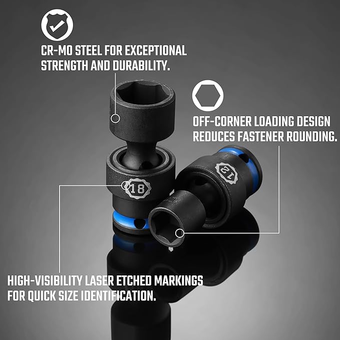 DURATECH 3/8" Drive Impact Universal Joint Socket Set, Swivel Socket Set, 11-Piece, Metric, 8-19mm, Cr-Mo Steel, Organized in EVA Foam Organizer