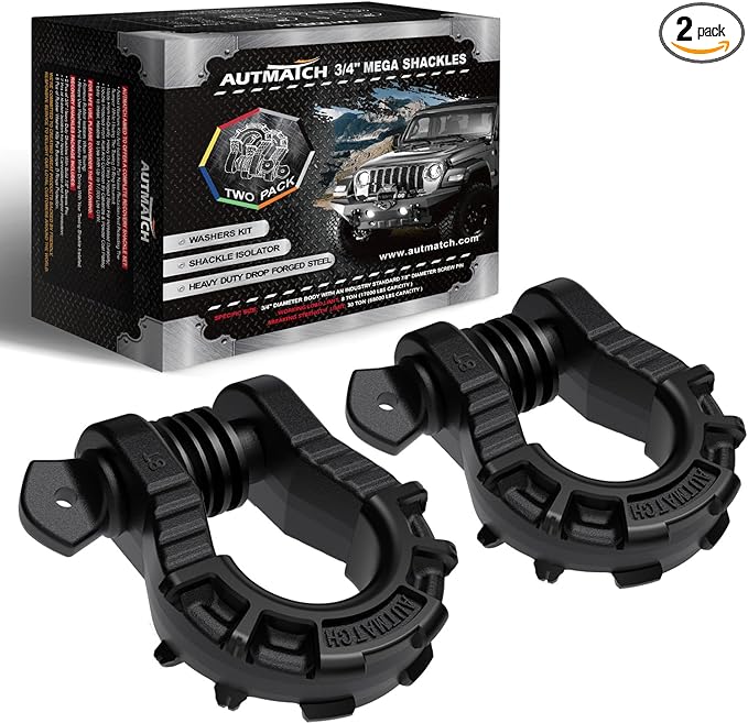 AUTMATCH D Ring Shackles 3/4" Mega Shackle (2 Pack) 68,000Ibs Break Strength - Heavy Duty Clevis Shackles 7/8" Screw Pin & Isolator Washer for Tow Strap Winch Off Road Vehicle Recovery, Frosted Black