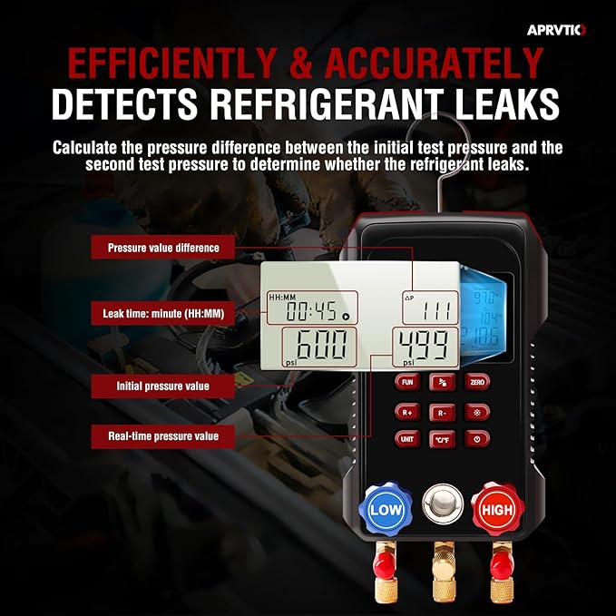 Digital HVAC Gauge, Aprvtio AMF-300 AC Manifold Gauge Set with 3000PSI Hoses and 2 Wired Temperature Clamp Probes, Refrigerant Gauges for Automotive HVAC System HVAC Tools Kit R134a R22 R12