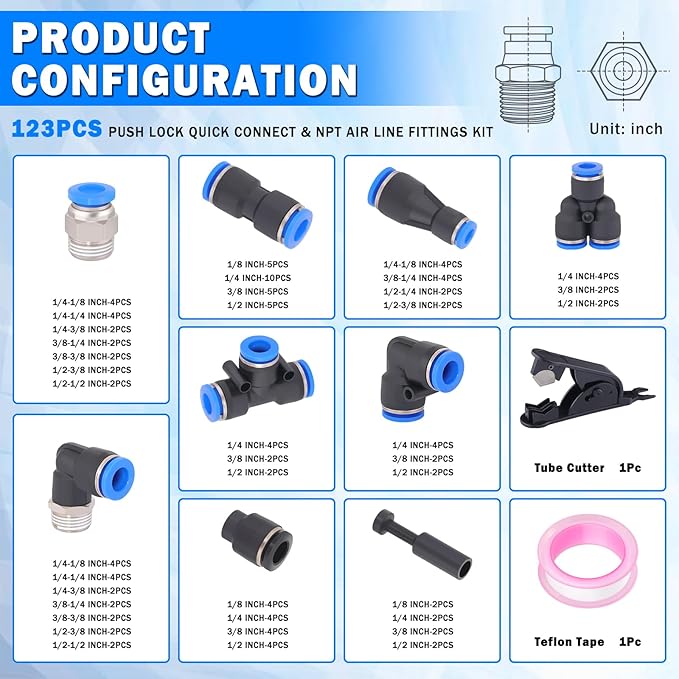 123 Pcs Quick Connect Air Line Fittings Kit Pneumatic Push Lock Air Fittings 1/8",1/4",3/8",1/2" Push to Connect & NPT Thread Air Hose Fittings Quick Release Airline Fitting Kit