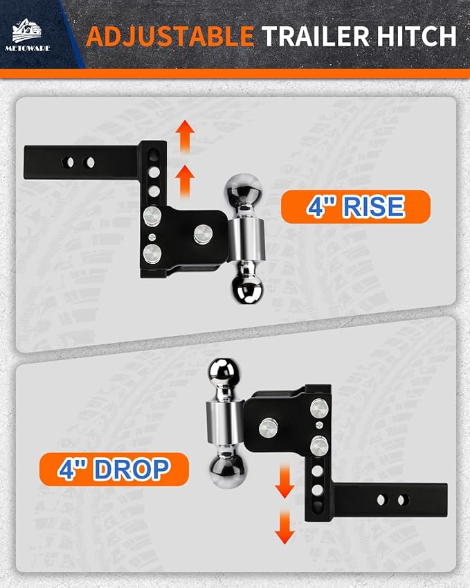 METOWARE Adjustable Trailer Hitches Fits 2-Inch Receiver - Adjustable Ball Mount with 4-Inch Drop/Rise (12,500 LBS GTW) - Dual Ball (2'' x 2-5/16'') and Anti-Theft Stainless Steel Trailer Lock