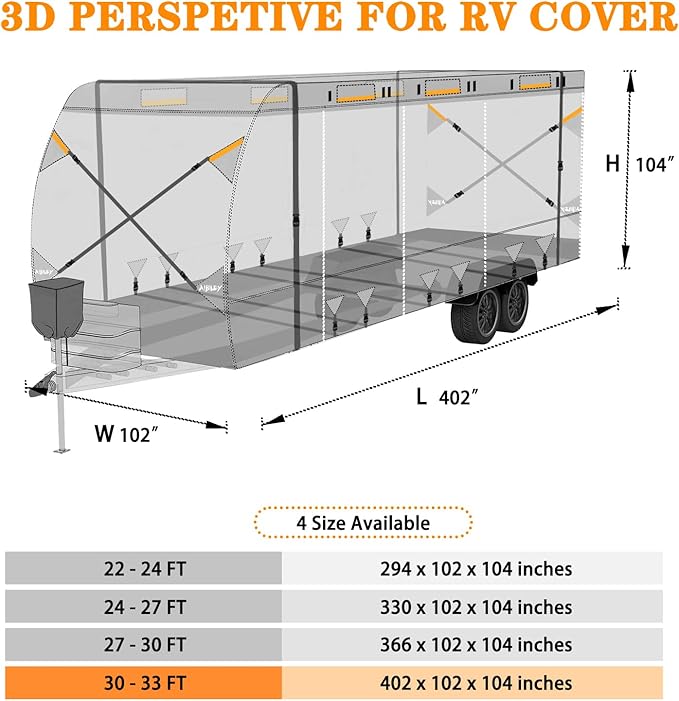 RV Cover 30-33FT Travel Trailer and Camper Covers,Durable Tearproof Oxford Polyester Fabric for Waterproof,Cold and UV Resistant,Air Vent,Side Zipper,Reflective Strip,Windproof Buckles-Aibiley