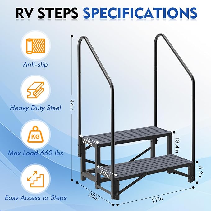 2-Step RV Steps with Dual Handrails, Heavy-Duty Mobile Home Ladder Portable Stairs for RV, Hot Tub, Outdoor Porches with Non-Slip Mats