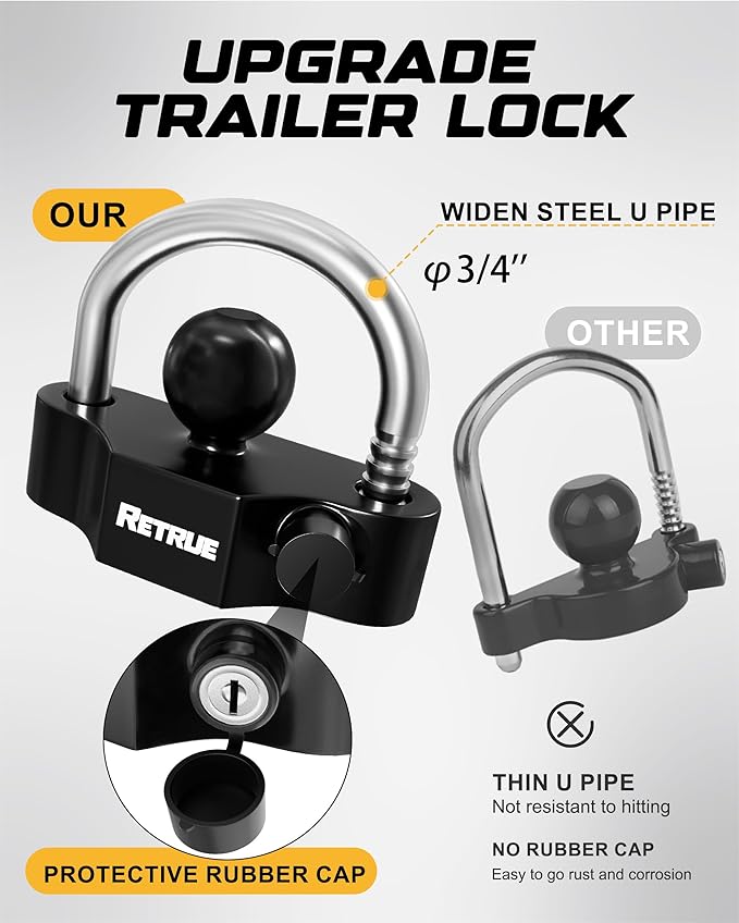 RETRUE Heavy-Duty Keyed-Alike Trailer Lock Set - Universal Coupler, Dual Hitch Receiver Pin, and Trailer Tongue Locks Included, Black