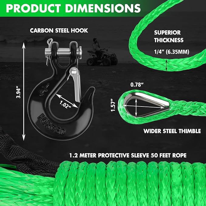 Synthetic Winch Rope, 1/4'' x 50ft 10,000LBS Synthetic Winch Line 1/4 Winch Cable Replacement Synthetic Rope with Forged Winch Hook and Rubber Stopper for 4WD Off Road Vehicle ATV UTV (Green)