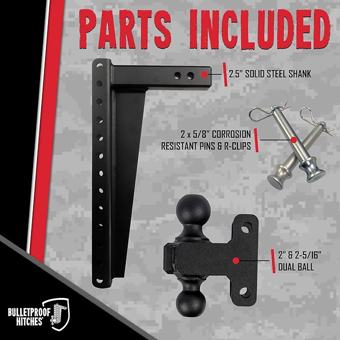 BulletProof Hitches - 2.5" Adjustable Heavy Duty Trailer Hitch (22,000 lb. Rating) - 20" Drop/Rise Trailer Hitch with 2" & 2-5/16" Dual Ball - Powder Coat, Solid Steel, Corrosion-Resistant