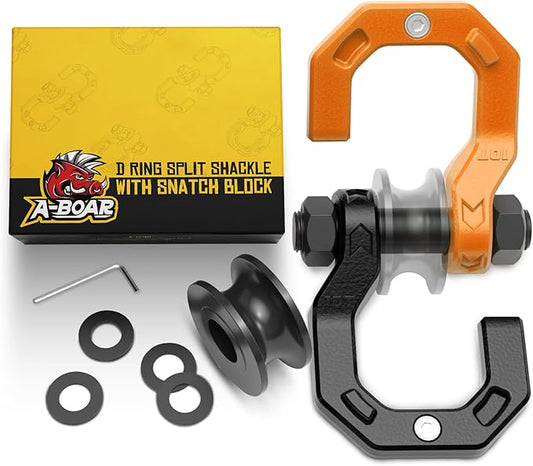 Separate D-Ring Shackle with Pulley Block, Towing Winch Snatch Block & 3/4" Separate D-Ring Shackle 2in1 Set, 57320lbs(26T) Breaking Strength, for Recovery, BlackOrange