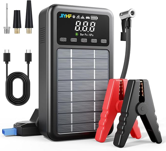 JIYHF 3000A Jump Starter with Air Compressor 150PSI Tire Inflator-12V Battery 8.0L Gasoline and 6.0L Diesel Engines, Portable Car Battery Jump Starter with Solar Panel and PD 45W Fast Charge (Gray)