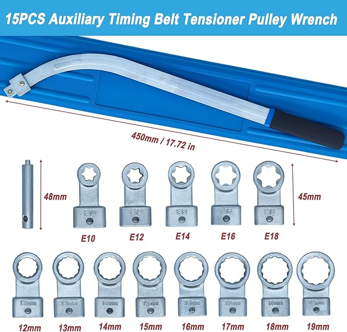 15PCS Auxiliary Timing Belt Tensioner Pulley Wrench Set 12-Point 12-19mm (0.47"-0.74") Torx E10 E12 E14 E16 E18, Universal Fit for Most Vehicle Types