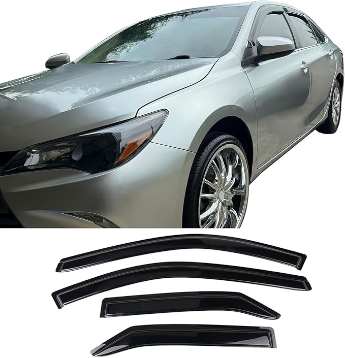 IKON MOTORSPORTS Tape on External Window Visor Deflector, Compatible with 2015-2017 Toyota Camry Sedan Only, Slim Tinted Acrylic Resistant Shield Cover Wind Sun Rain Guard