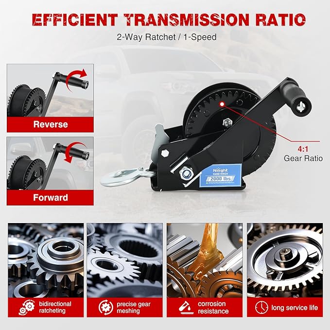 Nilight Boat Trailer Winch 2000 Lbs Hand Crank Winch Heavy Duty Boat Winches with 23Ft Strap Rope Hook 2-Way Ratchet 4:1 Gear Portable Marine Manual Winch for Trailers Boats RV ATV Jet Ski Towing