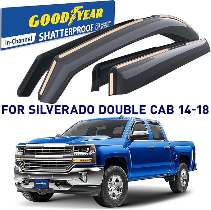 Goodyear Shatterproof in-Channel Window Deflectors for Trucks Chevrolet (Chevy) Silverado/GMC Sierra 2014-2018 Double Cab, Rain Guards, Window Visors, Vent Deflector,Truck Accessories, 4pcs- GY003417