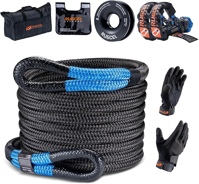 RUGCEL Kinetic Recovery Rope Tow Rope - 34000 lbs Strength, 1" x 30ft, with Heavy-Duty Gloves, Soft Shackle & Snatch Block - Ideal for Car, Truck, SUV, UTV, ATV & Tractor - Black Tow Straps