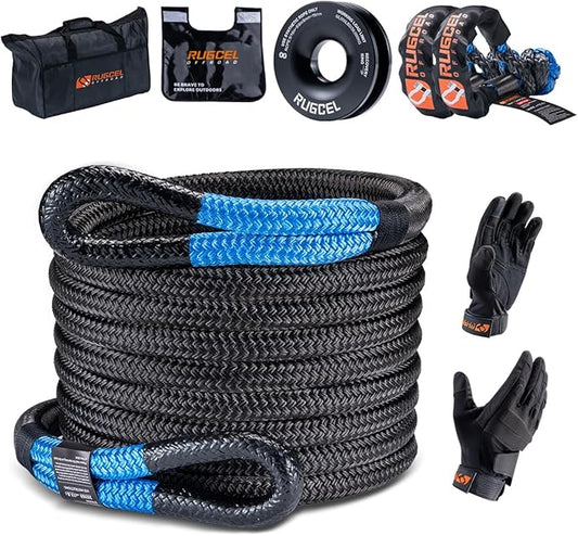 RUGCEL Kinetic Recovery Rope Tow Rope - 34000 lbs Strength, 1" x 30ft, with Heavy-Duty Gloves, Soft Shackle & Snatch Block - Ideal for Car, Truck, SUV, UTV, ATV & Tractor - Black Tow Straps