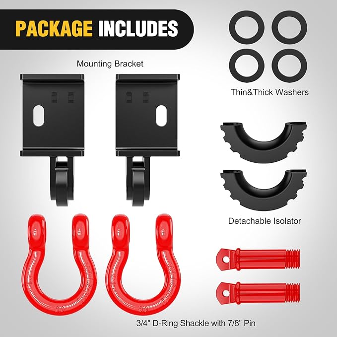 Nilight (2 Pack) Demon Front Tow Hook Mounting Bracket with 3/4” D-Ring Shackle Fit for 2009-2016 2017 2018 2019 2020 2021 2022 2023 Toyota Tacoma, with 7/8" Screw Pin and Isolator Rubber Washers