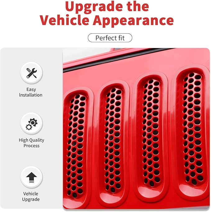 Mesh Grille Grill Insert+Headlight Turn Light Cover Trim Fit for 2007-2018 Jeep Wrangler JK JKU(Red)