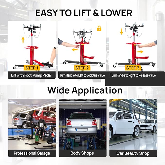 TUFFIOM Transmission Jack, 1100 lbs 1/2Ton Hydraulic 2-Stage High Lift Vertical Telescoping Floor Jack Stand, 34" to 68" Lifting Range, w/Pedal, 360° Swivel Wheels, Garage/Shop Lift Hoist, Red