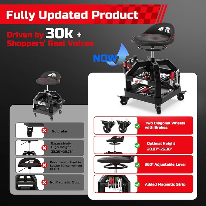 Rolling Shop Stool for Garage with Casters, DO02-Adjustable Height 360° Swivel Shop Seat with Tool Tray Storage, 330 LBS Capacity Padded Mechanic Stool, Magnetic Tool Hold, Heavy Duty, Black