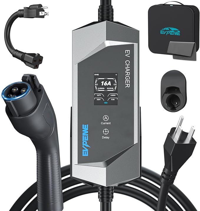 Level 1/2 EV Charger for SAE J1772, 16A 110-240V Portable EV Charger with NEMA 6-20/NEMA 5-15 Plug, 25ft Cable ETL Listed Electric Vehicle Charger for J1772 Electric Cars