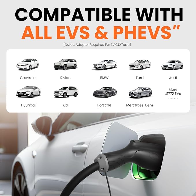 Level 2 EV Charger Hardwired 48 Amp J1772 Charger - 240V Home EV Charging Station - ETL Listed, FCC Part 15 - NEMA Type 4 IP66 - App WiFi Smart Display, 25 ft, 4.3 inch LCD, Gray