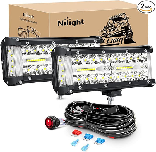 Nilight Side Shooter LED Light Bar 2PCS 7 Inch Triple Row Spot Flood Combo Lights with Wiring Harness Kit for Off Road Fog Driving Work Lighting on Truck SUV ATV UTV