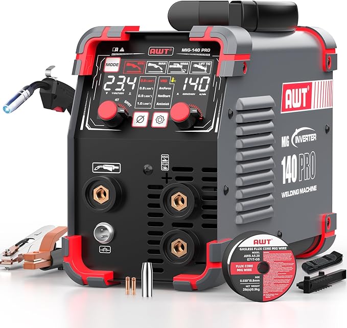 AWT LED Digital Display 140Amp MIG Welder Flux Core MIG Welder/Stick/Lift TIG 3 in 1 Welding Machine,Welder Machine 110V With Synergy IGBT Inverter, Portable Gasless Welder Equipment