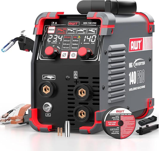 AWT LED Digital Display 140Amp MIG Welder Flux Core MIG Welder/Stick/Lift TIG 3 in 1 Welding Machine,Welder Machine 110V With Synergy IGBT Inverter, Portable Gasless Welder Equipment