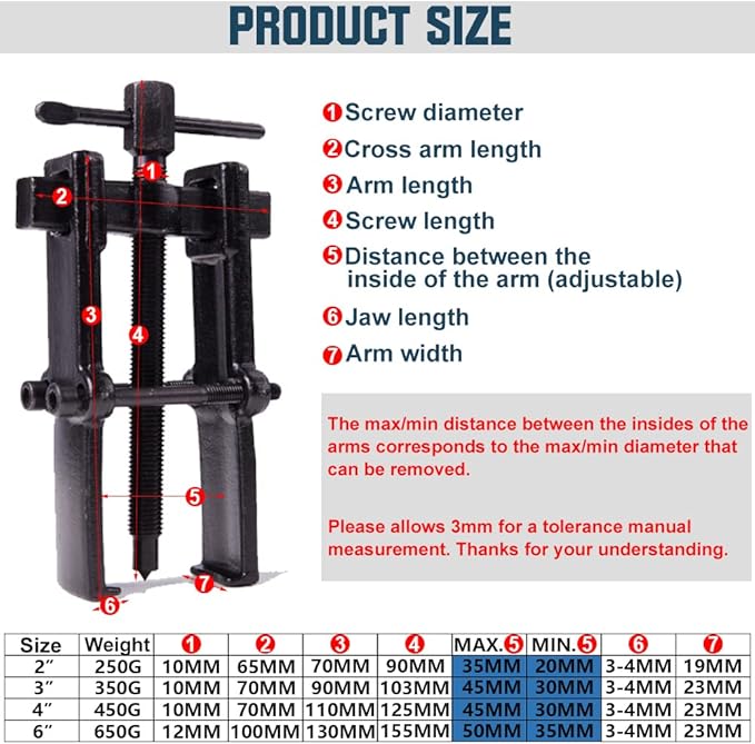 4 Bearing Puller 2'' 3'' 4'' 6'' with 2 Jaws Bearing Puller Tool Adjustable, Chrome Vanadium Steel Bearing Gear Puller Kit Hand Remover Tool Pump Pulley Remover for Wheel, Motorcycle, Bearings, Gears