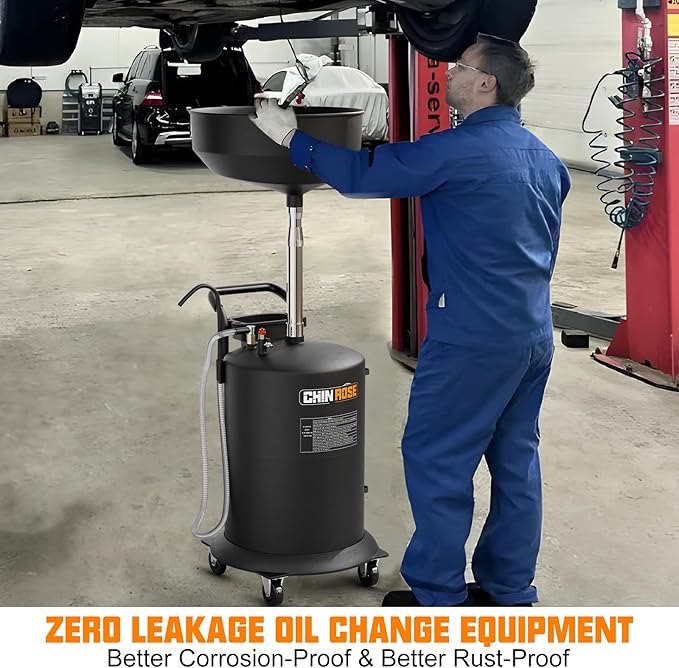 18.5 Gallon Industrial Fluid Drain Tank, Oil Drain Extractor, Portable Pneumatic Waste Oil Drain with Wheels, Adjustable Funnel Height