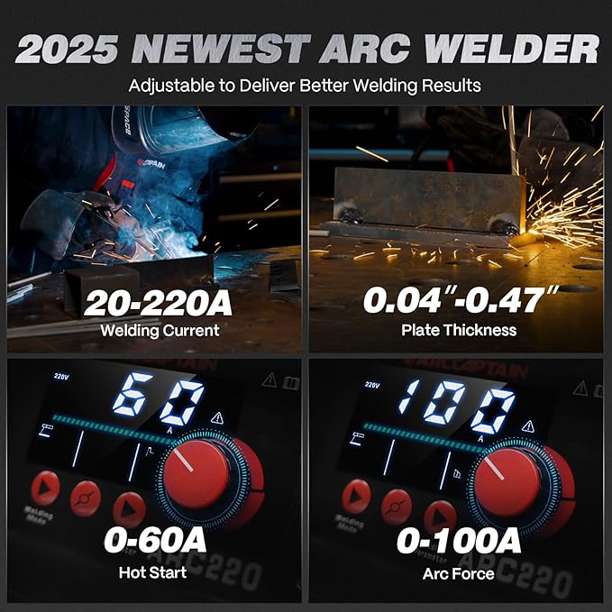 ARCCAPTAIN 220Amp 10PCS Rods Stick Welder, [Large LED Display] ARC/Lift TIG Welding Machine with Synergic Control, IGBT Inverter 110V/220V MMA Welder Machine with Hot Start, Arc force, and Anti-Stick