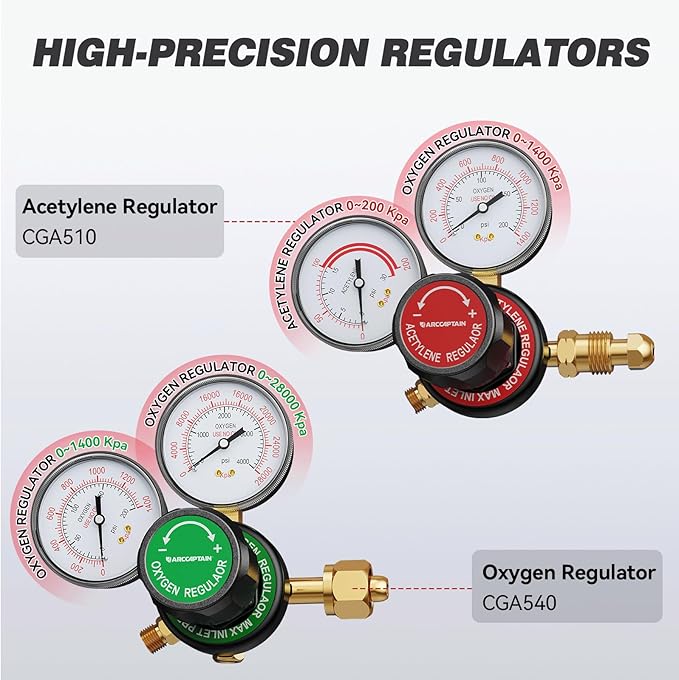 ARCCAPTAIN Oxy Acetylene Torch Kit with Check Valves, Medium Duty Gas Welding Cutting Torch Kit with Hose, Regulator Gauges, Cutting Tip, 3 Welding Tips and Storage Case