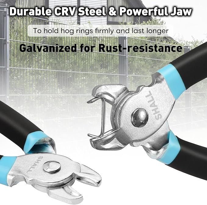 SHALL Hog Ring Pliers Kit with 600pcs Galvanized Hog Rings (3/8’’, 1/2’’, 3/4’’) for Upholstery, Fence, Animal Pet Cages, Bungee Cords, Bagging, Protective Gloves, Storage Case & Bag Included