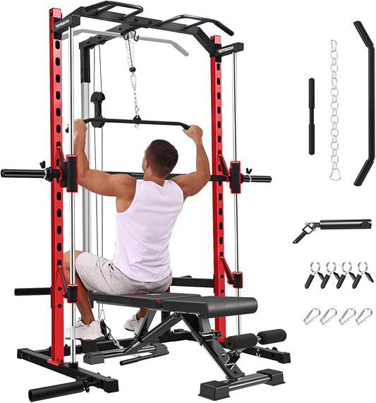 OPPSDECOR Power Cage, Multi-Function Power Rack with Adjustable Cable Pulley System, Squat Rack with Pull-up Bar, J-Hooks, More Training Attachment for Home Gym