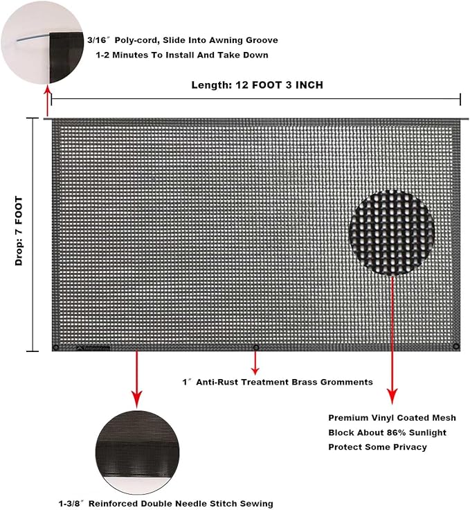 Tentproinc RV Awning Sun Shade Screen 7' X 12' 3'' (Fit for 13' Awning) Mesh Sunshade for RV Awning Sunscreen Motorhome Camping Trailer Awning Screenshade Block UV Glare - 3 Year Warranty (Black)