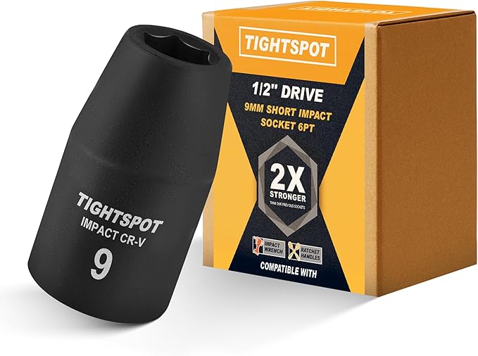 TIGHTSPOT 1/2 Inch Drive 9mm Shallow Impact Socket with Anti-Rounding 6 Point Design, Heat-Treated CRV Steel
