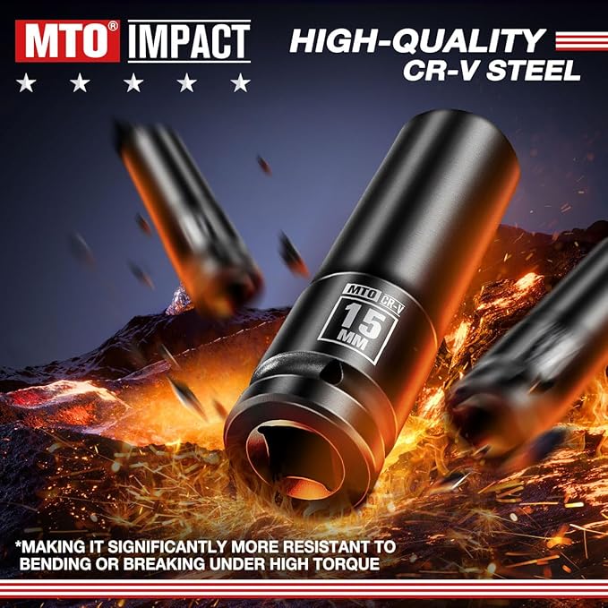 MTO 1/2" Drive 15mm Deep Impact Socket, 6-Point Metric Socket for Automotive Maintaince, CR-V Steel Meets ANSI Standards