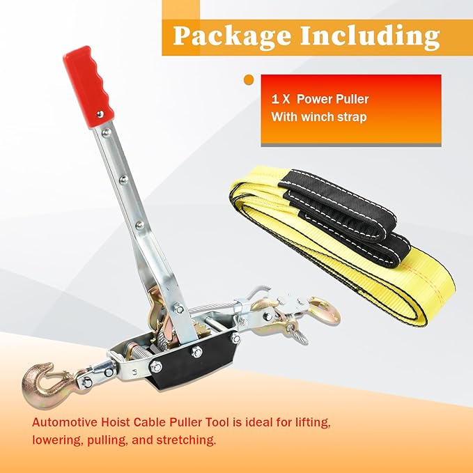 5 Ton Heavy Duty 3 Hook Steel Cable Dual Gear Power Puller Come Along Chain Winch Ratchet Tool with 3'' Inch x 8' Foot Winch Strap, Tow Strap (30,000 BLS Capacity)