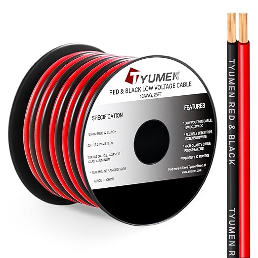10 Gauge Wire 25FT, 10AWG Red Black Electrical Wire LED Strips Extension Cord 12V/24V DC Cable, 10 AWG 2 Conductors Flexible Low Voltage Wire for in-Home, Autos, Speaker use