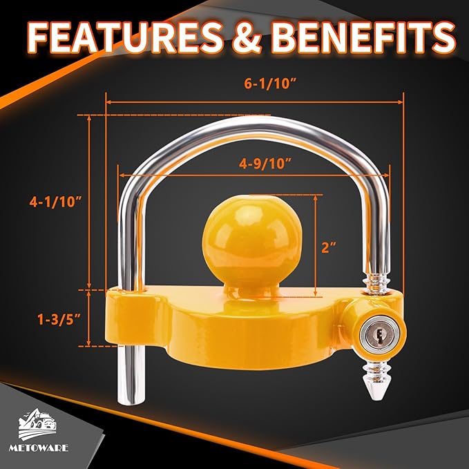 METOWARE Keyed Alike Trailer Hitch Lock Set, Fits 1-7/8", 2'' 2-5/16" Coupler, with 1/2'' and 5/8" Dia Dual Bent Pin Hitch Lock, 1/4'' Dia Span Coupler Lock, Yellow