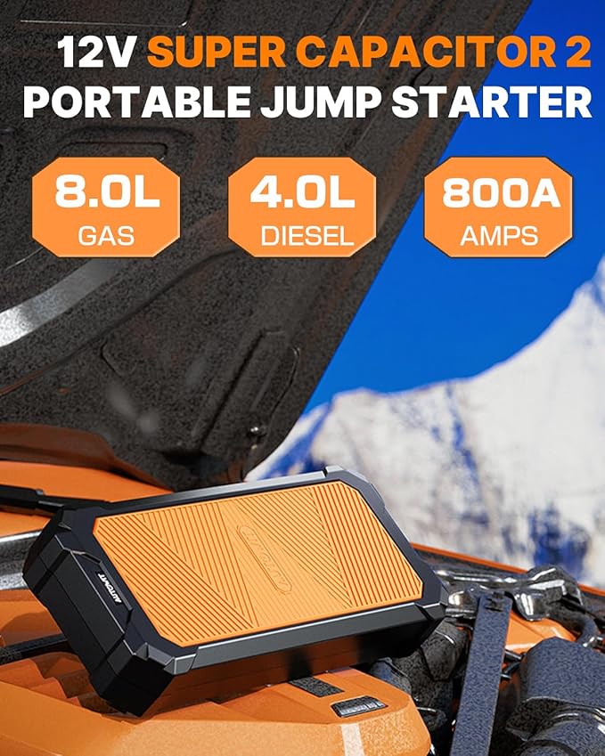 Autowit Super Capacitor Jump Starter, 12V Batteryless Portable Jump Box, Jumper Cables for 8.0 Gas&4.0 Diesel Car, Portable Jump Starter for Car Battery, Bulit-in Supercapacitor, No Need Pre-Charge