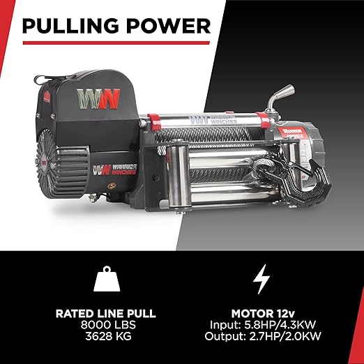 Warrior Winches Samurai 8000 lbs 12V Electric Winch with Steel Cable - Powerful Electric Winch for Trucks - 8000 lbs Load Capacity - Wireless Remote Included