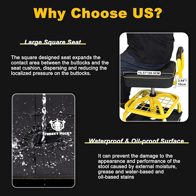 Rolling Shop Stool with Wheels, Garage Mechanic Shop Chair with Handle Backrest, Adjustable Height Work Stool, Roller Seat with Tool Tray Storage, Heavy Duty, 330 LBS Capacity, Yellow